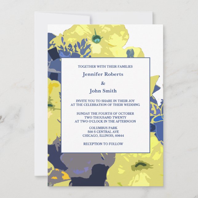 Invitación Floral amarilla deja blanca boda personalizada azu (Anverso)