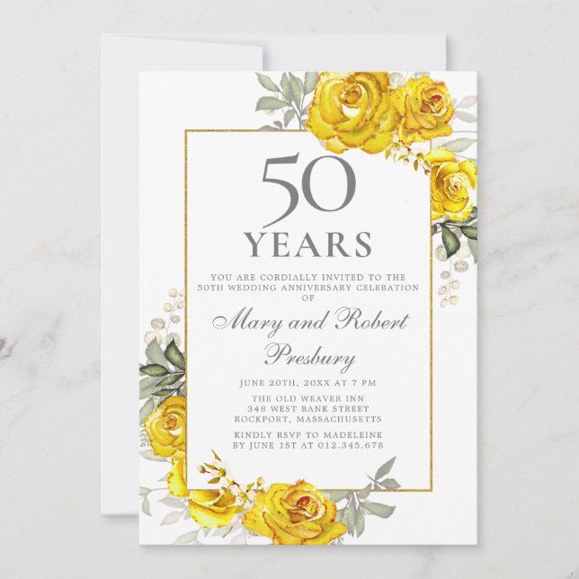 Invitación floral amarilla elegante del 50 anivers (Anverso)