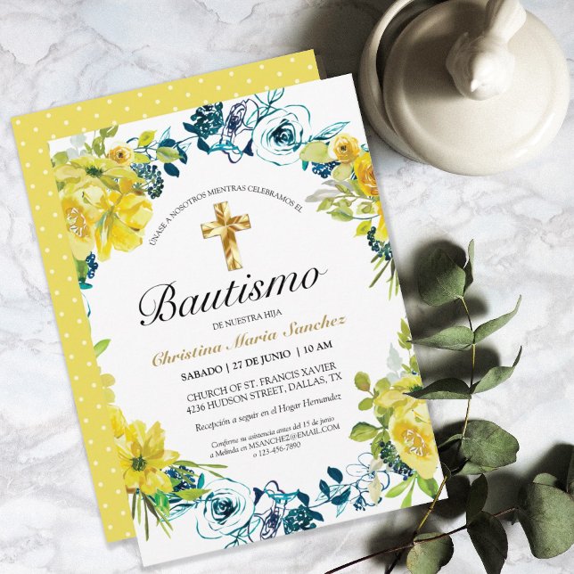 Invitación floral amarilla hermosa del bautismo (Subido por el creador)