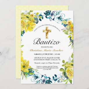 Invitación floral amarilla linda del bautismo