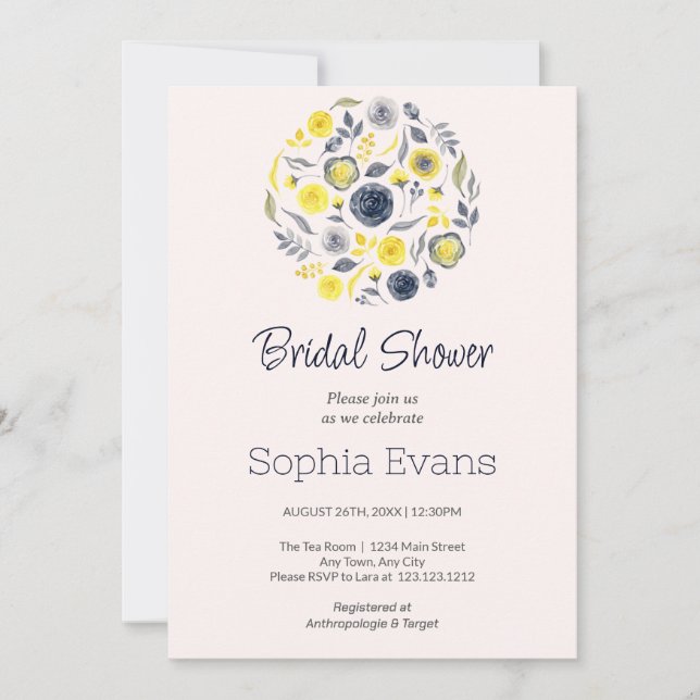 Invitación Floral amarilla y azul en la ducha de novias (Anverso)
