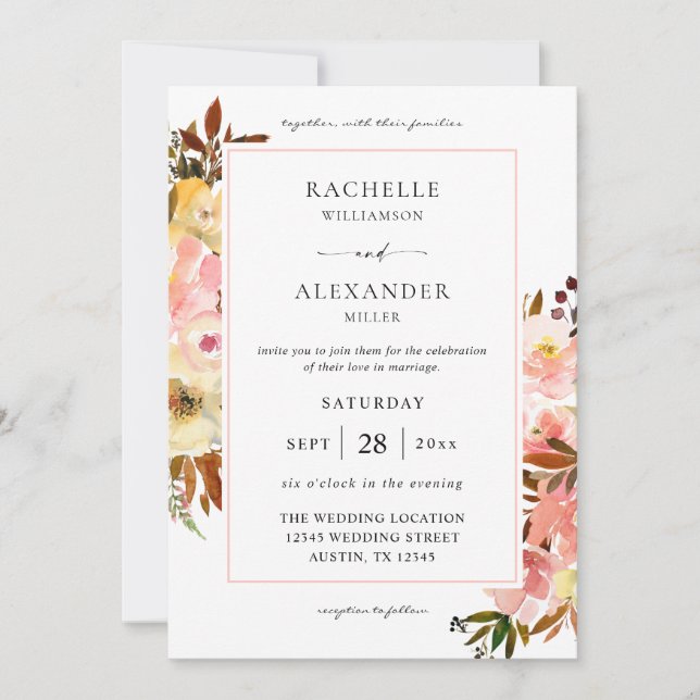 Invitación Floral amarilla y rosa dulce 2 Boda (Anverso)