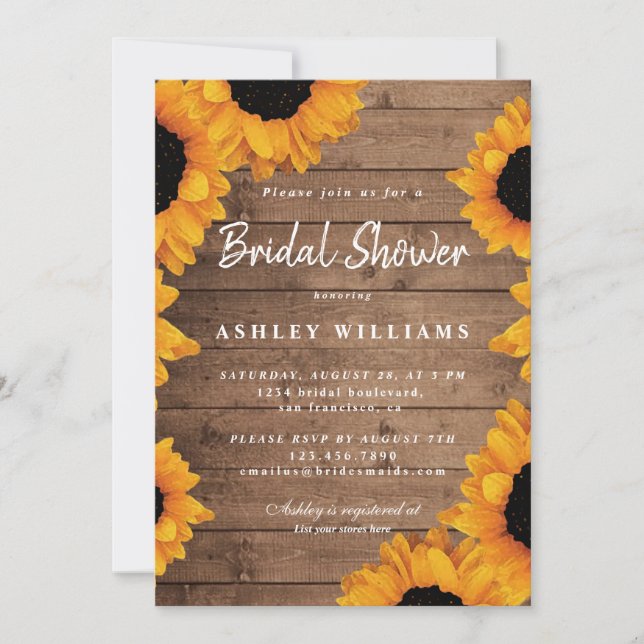 Invitación Floral Amarillo girasol Rústico Madera Bridal Show (Anverso)