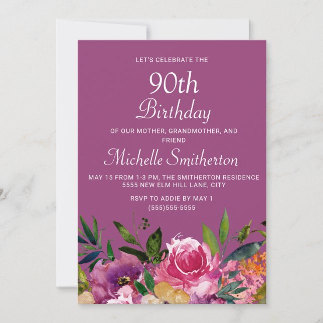 Invitación Floral amarillo morado rosado 90 cumpleaños (Anverso)