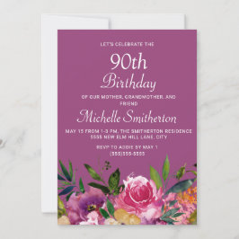 Invitación Floral amarillo morado rosado 90 cumpleaños