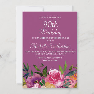 Invitación Floral amarillo morado rosado 90 cumpleaños