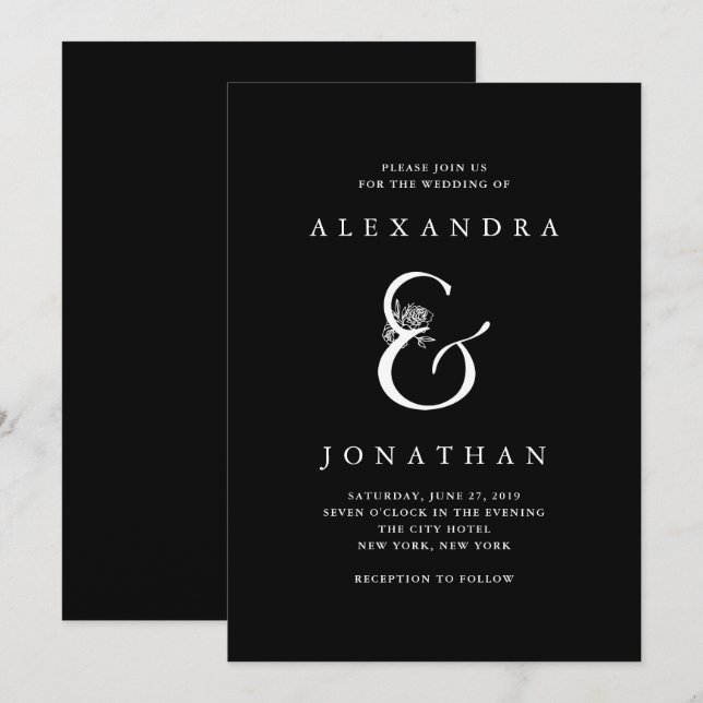 Invitación Floral Ampersand | Dramático Boda negro (Anverso / Reverso)