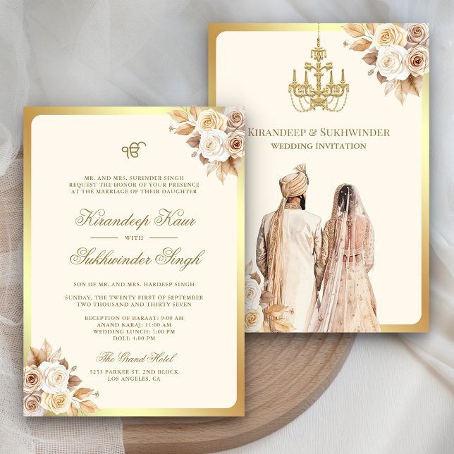Invitación Floral Anand Karaj Sikh Boda de Rosas marfileños (Subido por el creador)