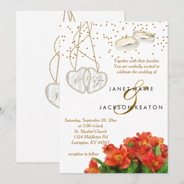Invitación floral anaranjada brillante de la boda (Anverso / Reverso)