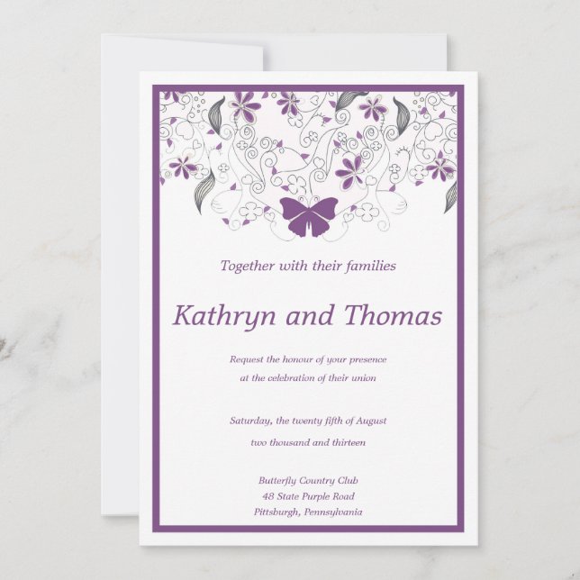 Invitación Floral and butterfly wedding invitation (Anverso)