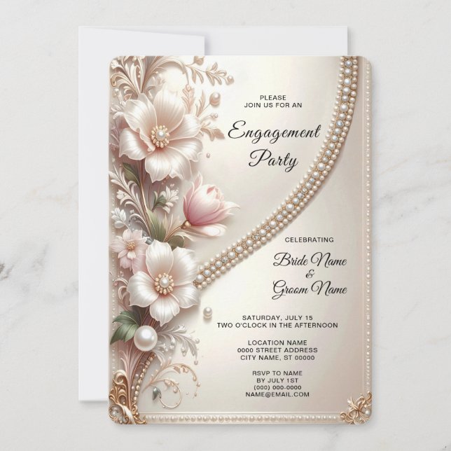 Invitación Floral and Pearl Embellishments Engagement (Anverso)