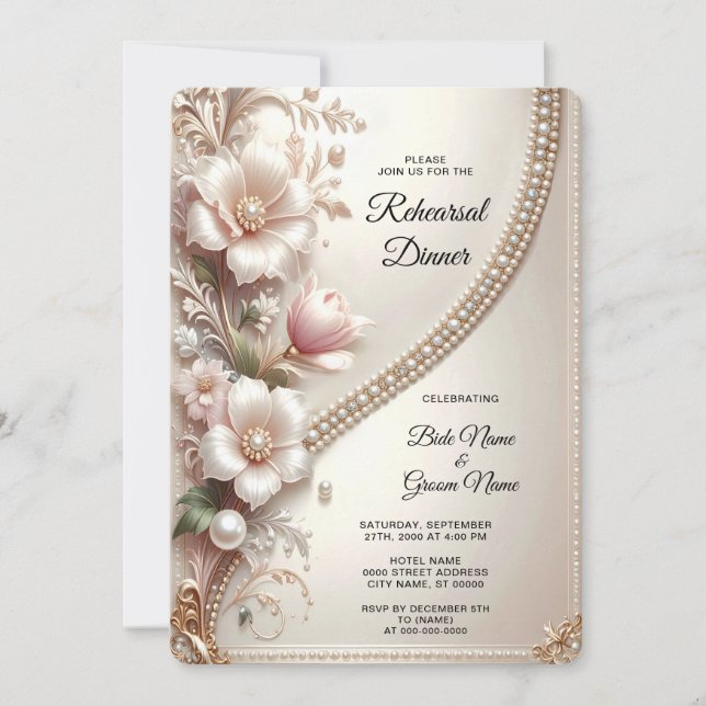 Invitación Floral and Pearl Embellishments Rehearsal Dinner (Anverso)