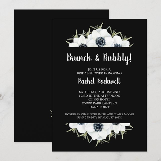 Invitación Floral Anemones Floral Black Bridal Shower (Anverso / Reverso)