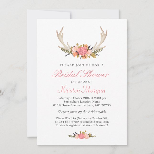 Invitación Floral Antler Boho Moda Bridal Shower (Anverso)