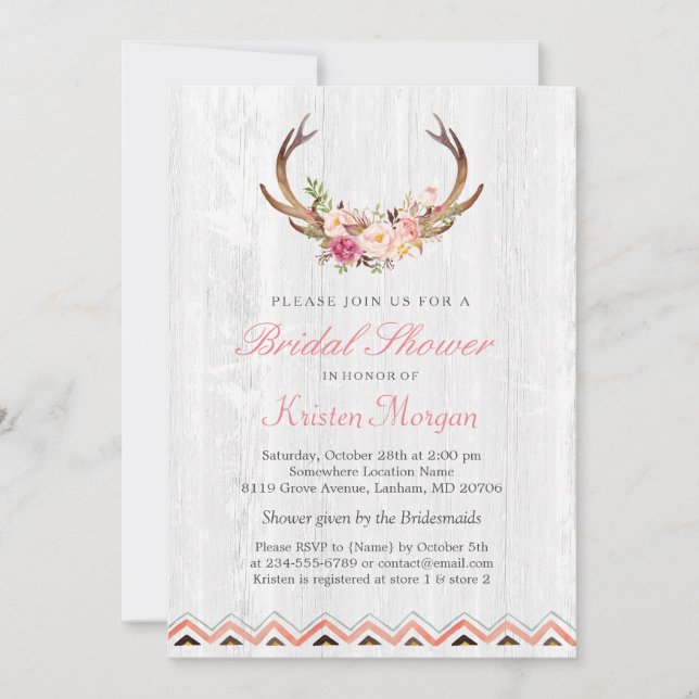 Invitación Floral Antler Boho Rustic White Wood Bridal Shower (Anverso)