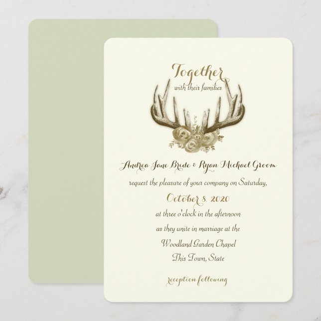 Invitación Floral Antlers Elegante Boda Woodland (Anverso / Reverso)