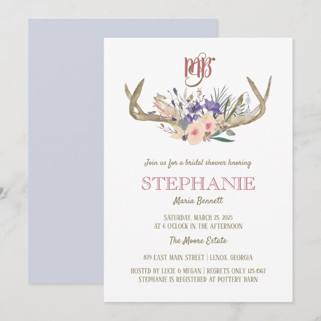 Invitación Floral Antlers Rústica Ducha Bridal (Anverso / Reverso)
