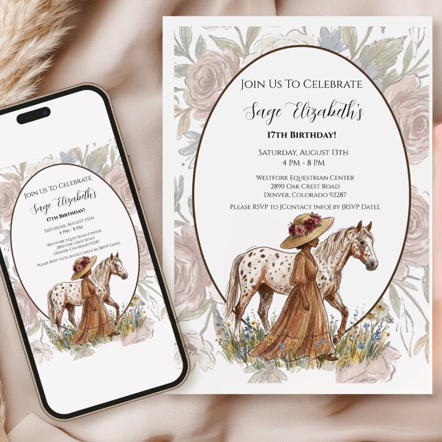Invitación Floral Appaloosa Horse Birthday Card for Girls (Celebrate a special birthday with this elegant French country-inspired card!)