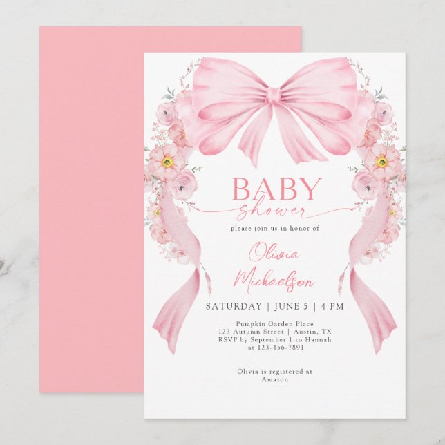 Invitación Floral Arco Chica Cinta Coquette Baby Shower (Anverso / Reverso)