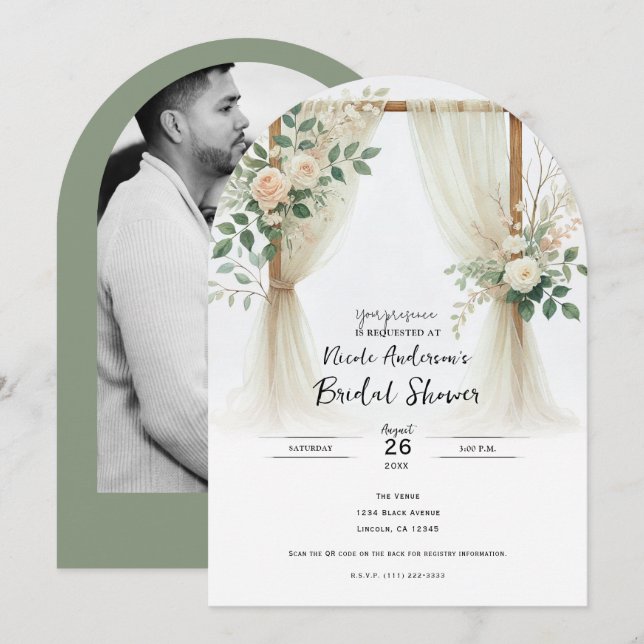 Invitación Floral Arco de madera Rosas de la vegetación  Brid (Anverso / Reverso)