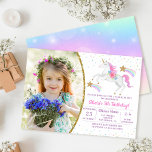 Invitación Floral arcoiris mágico, unicornio, foto de cumplea<br><div class="desc">Invitación a foto de cumpleaños de Chica Unicornio con flor arcoiris mágico</div>