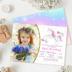 Invitación Floral arcoiris mágico, unicornio, foto de cumplea