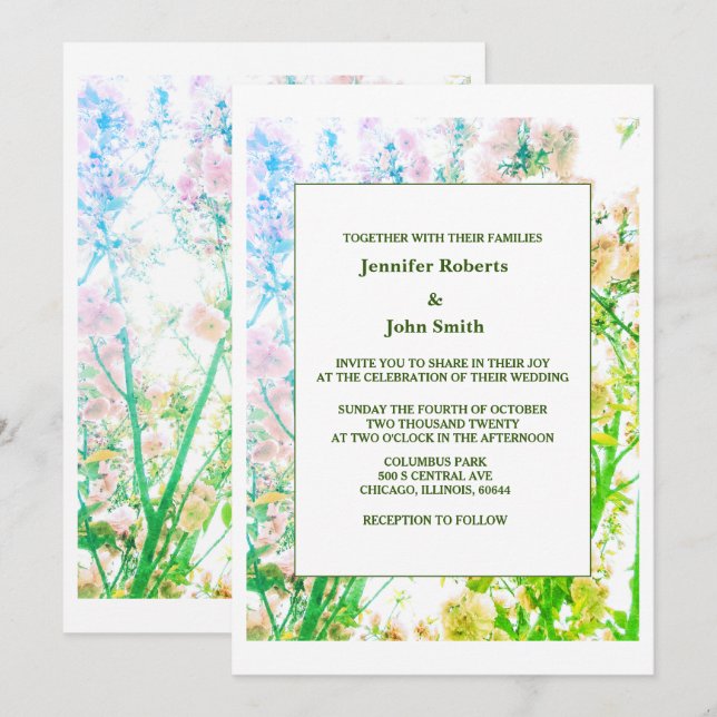 Invitación Floral Art Sage Green White Elegant Wedding (Anverso / Reverso)