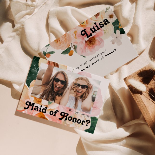 Invitación Floral audaz | Foto Maid of Honor Propuesta Card (Subido por el creador)