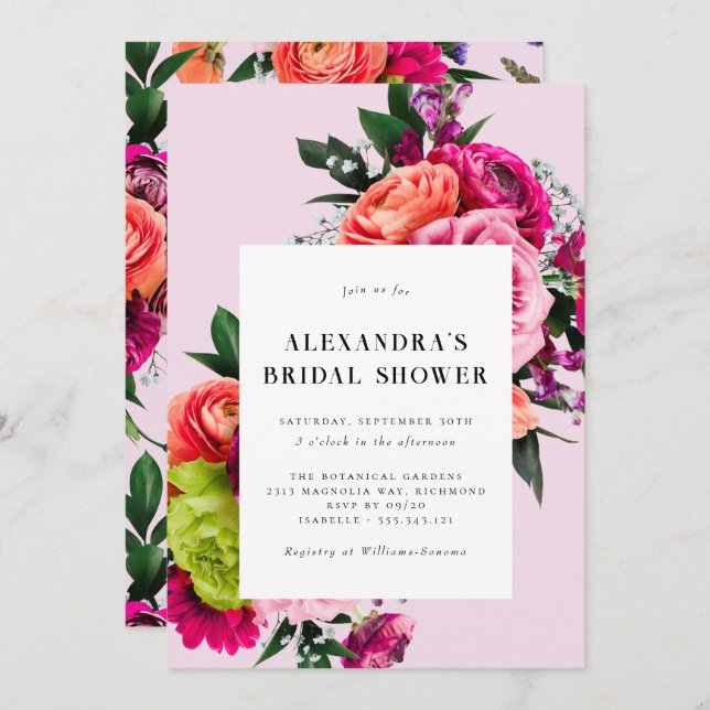 Invitación Floral audaz | Moderna Ducha Bridal Colorida (Anverso / Reverso)