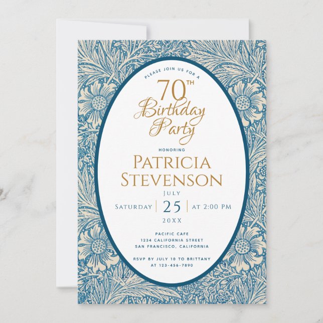 Invitación Floral Azul 70 cumpleaños Marigold William Morris (Anverso)