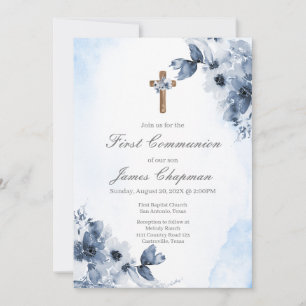 Invitación floral azul a la primera comunión