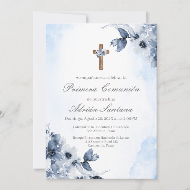 Invitación floral azul a la primera comunión en es (Anverso)
