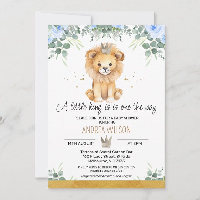 Invitación Floral azul a un pequeño rey león Baby Shower (Anverso)