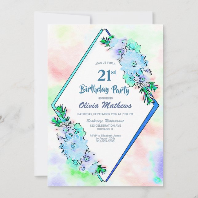 Invitación Floral azul acuarela 21º cumpleaños (Anverso)