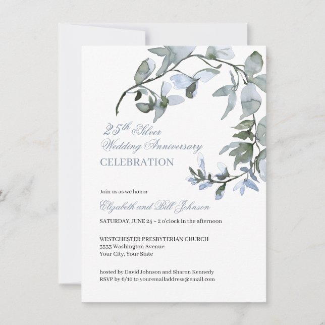 Invitación Floral azul acuarela 25º aniversario Boda (Anverso)