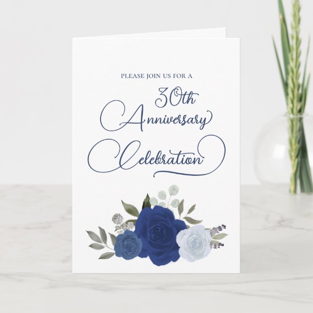 Invitación Floral azul acuarela 30 aniversario Boda (Anverso)