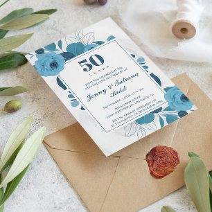 Invitación Floral azul acuarela 50 aniversario boda