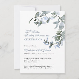 Invitación  Floral azul acuarela 50 aniversario Boda