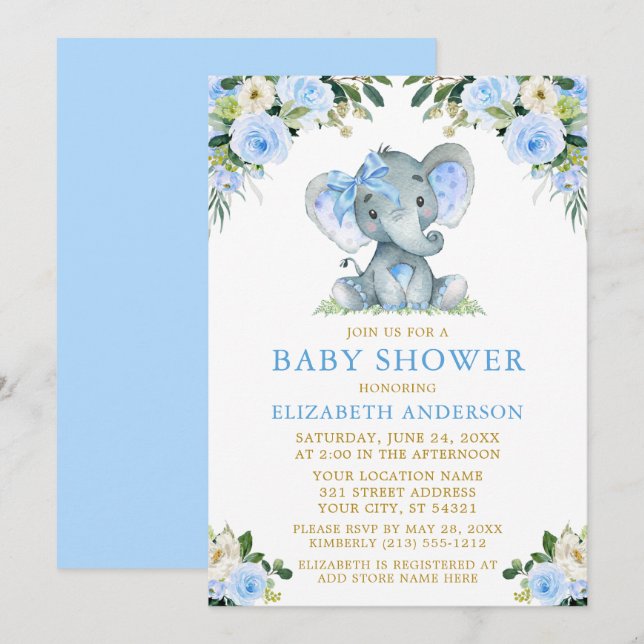 Invitación Floral azul acuática Baby Shower Elephant Bow (Anverso / Reverso)