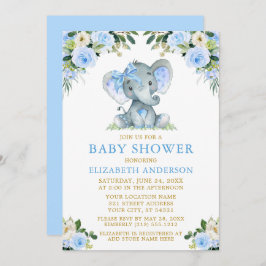 Invitación Floral azul acuática Baby Shower Elephant Bow