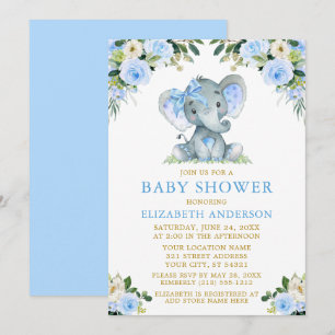 Invitación Floral azul acuática Baby Shower Elephant Bow