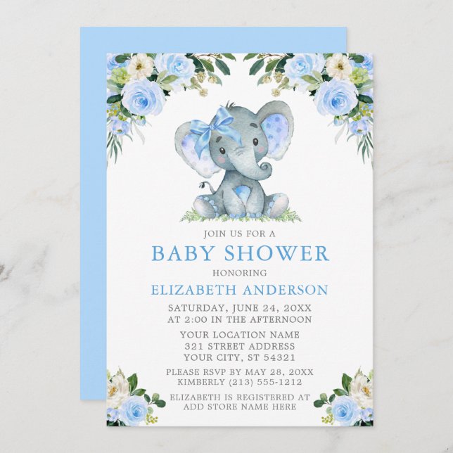 Invitación Floral azul acuática Baby Shower Elephant Silver (Anverso / Reverso)