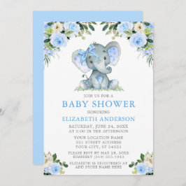 Invitación Floral azul acuática Baby Shower Elephant Silver