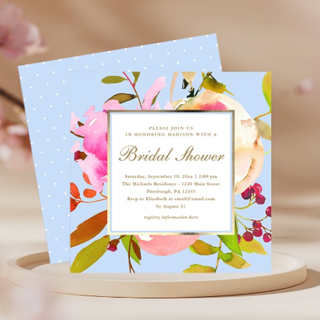 Invitación Floral azul acuática con ducha de novia con puntos (Subido por el creador)