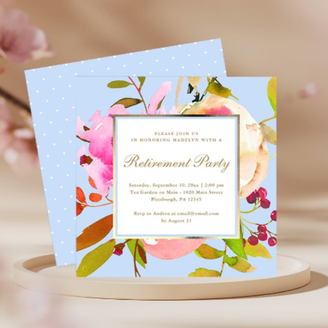 Invitación Floral azul acuática con Fiesta de Jubilación de p (Subido por el creador)