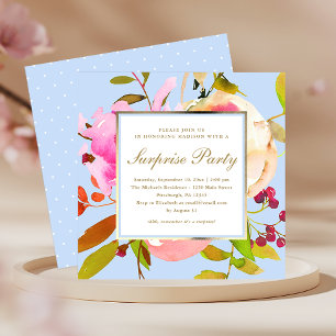 Invitación Floral azul acuática con Fiesta sorpresa de puntos