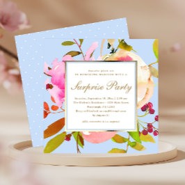 Invitación Floral azul acuática con Fiesta sorpresa de puntos