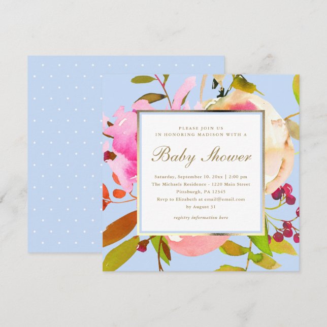 Invitación Floral azul acuática con puntos Baby Shower (Anverso / Reverso)