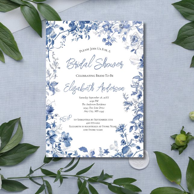 Invitación Floral azul acuática elegante ducha de novia (Blue Floral Watercolor Border Bridal Shower Invitation. Printed or Instant Digital Download)