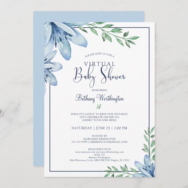 Invitación Floral azul acuática florece en Baby Shower virtua (Anverso / Reverso)